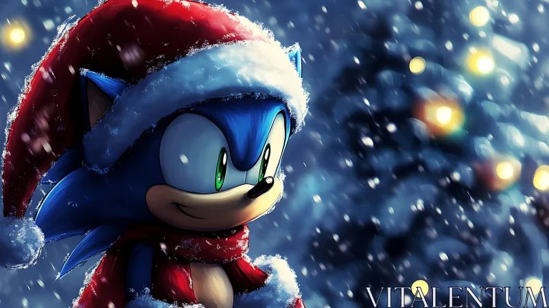 Blue cartoon hedgehog in Santa outfit amid glowing snowfall
