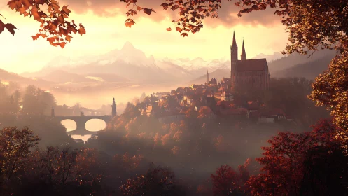 Sunlit mountain town with cathedral rising over autumn valley