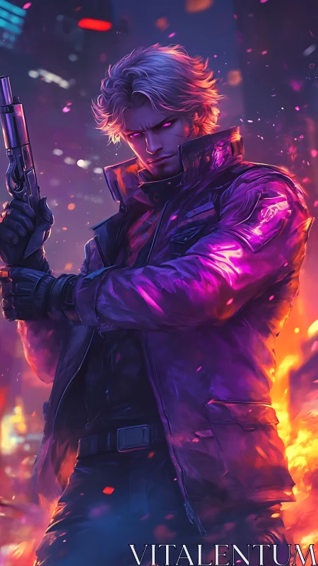 Cyberpunk gunfighter stands amid neon firestorm at night.