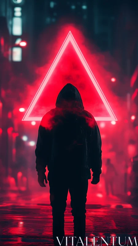 Hooded figure before neon red triangle in rainy alleyway.