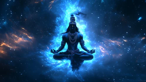 Blue meditative figure centered within luminous cosmic nebula.
