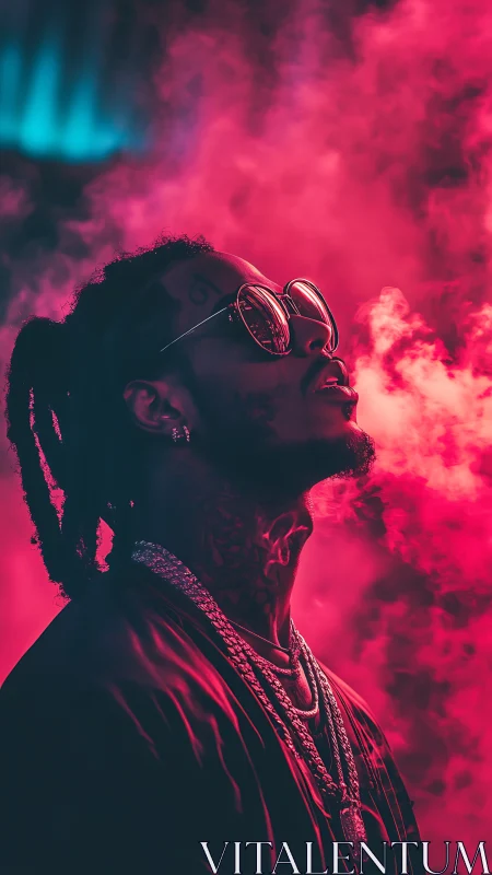 Neon-lit portrait of stylish man exhaling smoke in magenta haze.