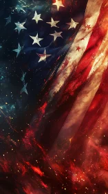 Burning American flag rendered with molten cosmic light