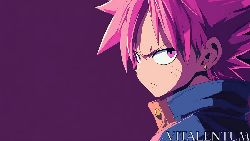 Pink-haired anime fighter in side profile against violet.