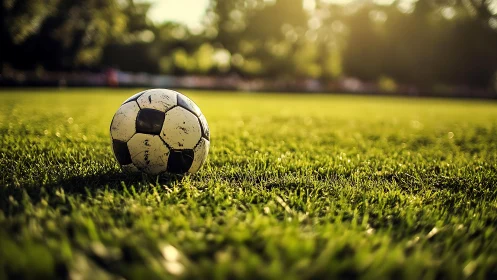 Sunlit soccer ball resting on a quiet green field.