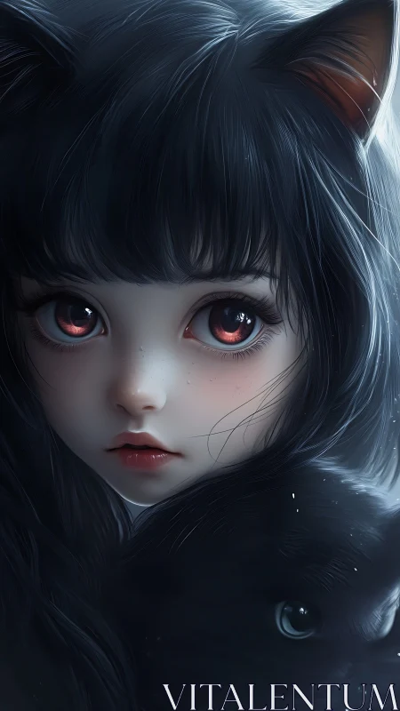 Cat-eared girl portrait with black cat and luminous eyes