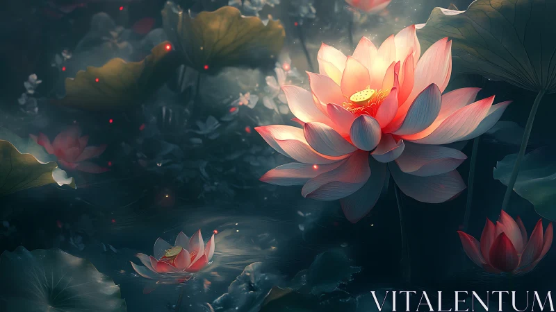 Illuminated Lotus Flowers in Darkened Water Environment.