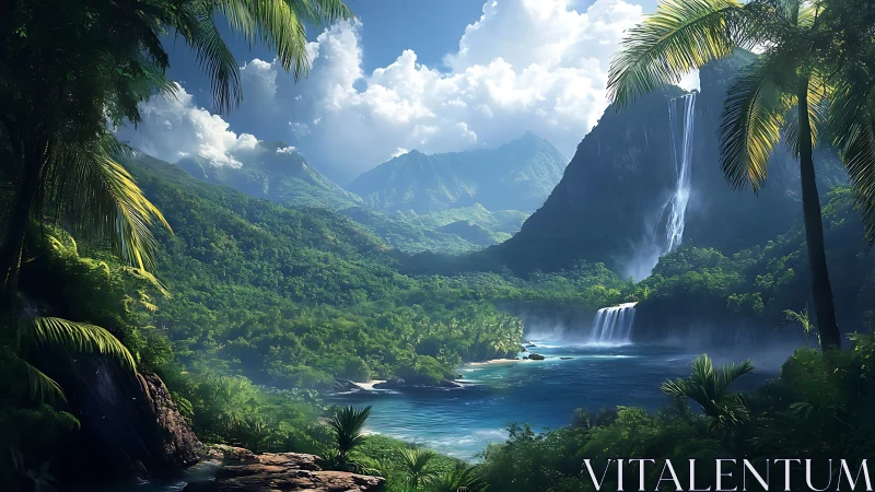 Tropical mountain lagoon with cascading jungle waterfalls.