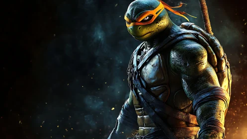 Battle ready mutant turtle hero amid ember flecked darkness.