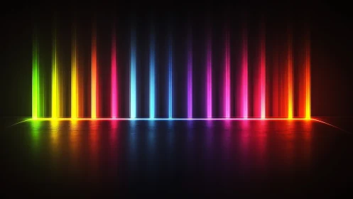 Glowing rainbow light columns brighten a sleek dark space.