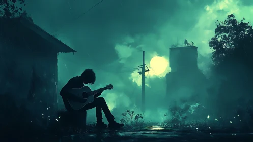 Nocturnal guitar silhouette in rain-soaked atmospheric alleyway.