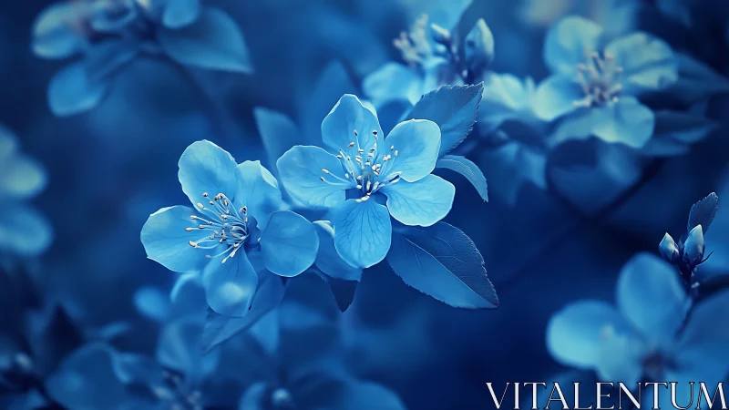 Azure Blossoms: Luminescent Blue Flowers in Soft Focus Botanical Composition.