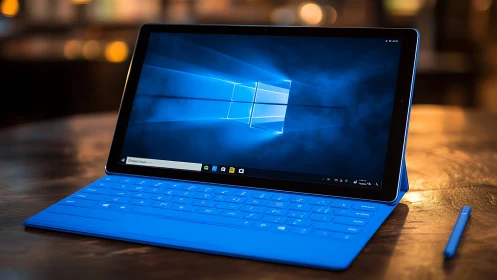 Windows tablet hybrid with illuminated blue keyboard in shallow depth