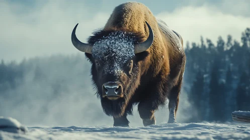 Snow-dusted bison striding through a quiet winter morning.