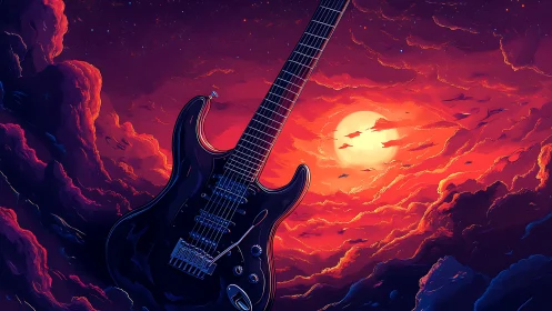 Electric guitar floating before vivid red cosmic sunset.