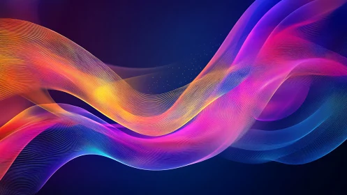 Vibrant neon light waves flow across deep blue background