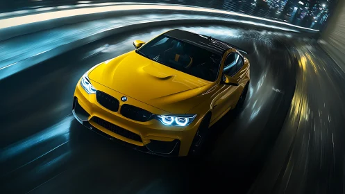 Neon night sprint with a yellow coupe carving liquid light.