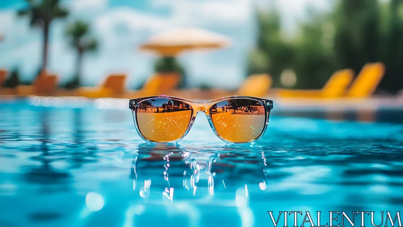 Sunglasses floating on clear blue pool water at resort
