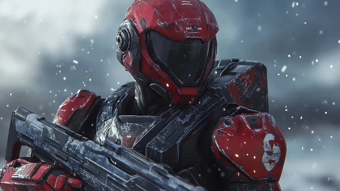 Red armored space guardian standing in gentle falling snow.