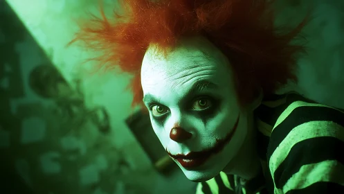 Sinister green-lit clown portrait with wild red hair.