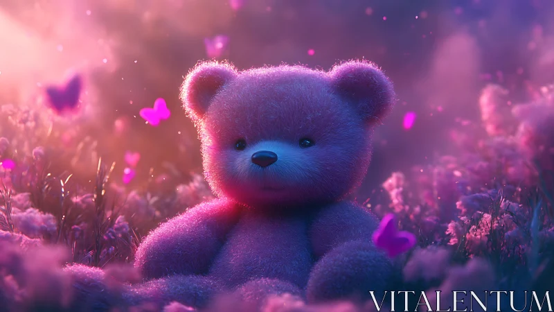 Plush teddy bear in violet field with luminous butterflies.