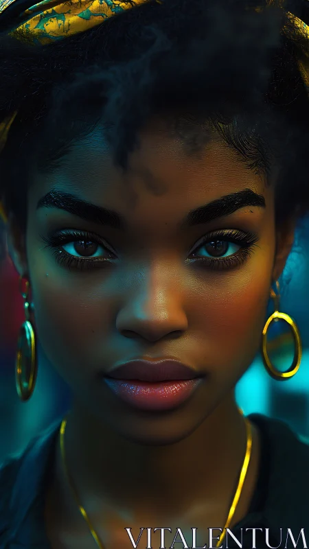 Intense close up portrait of woman with gold jewelry.
