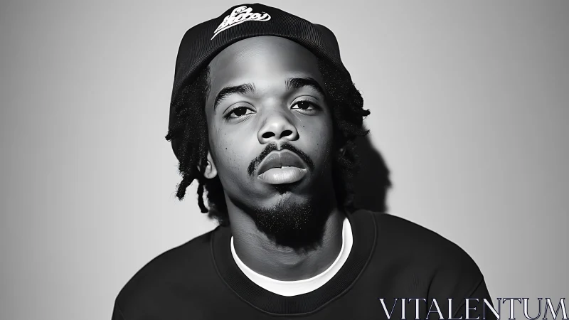 Monochrome portrait of young man in cap with soft key light.