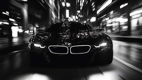 Sleek sports car races through neon city streets at night.