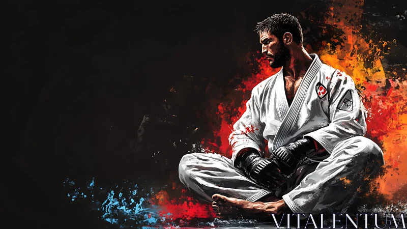 Martial artist meditates in flames of red, blue and shadow