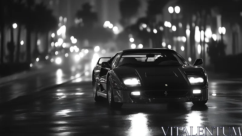 Sports car on wet city street at night in monochrome view.