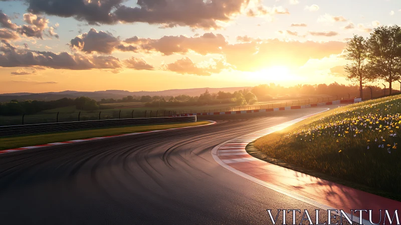 Racing circuit at golden hour renders dynamic asphalt detail