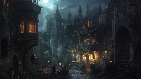 Moonlit medieval alley glows through stormlit misted night.