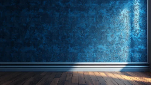 Sunlit blue textured wall casts calm light across floor