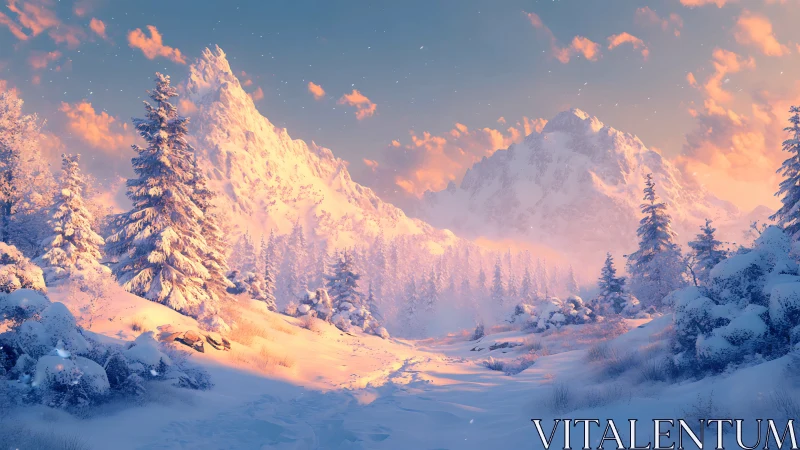Sunlit alpine snowscape under pastel winter sunrise.