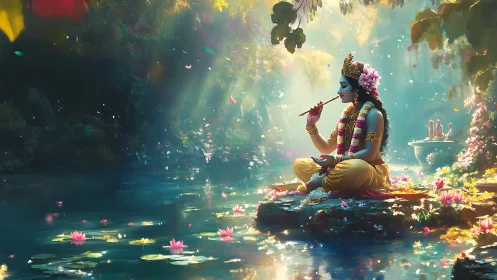 Divine flute song drifting over lotus-bright sacred waters.