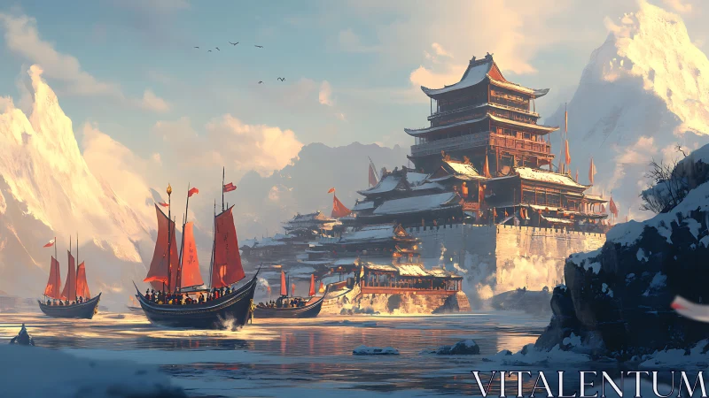 Majestic winter harbor welcomes bright red-sailed traders warmly