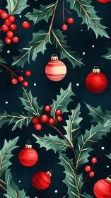 Seamless holly foliage and red baubles in stylized vector repeat
