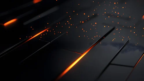 Futuristic dark geometric background with glowing orange accents.