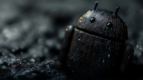 Glistening black robot mascot gleams in macro closeup.