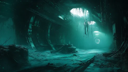 Abandoned industrial tunnel with teal illumination and decay.