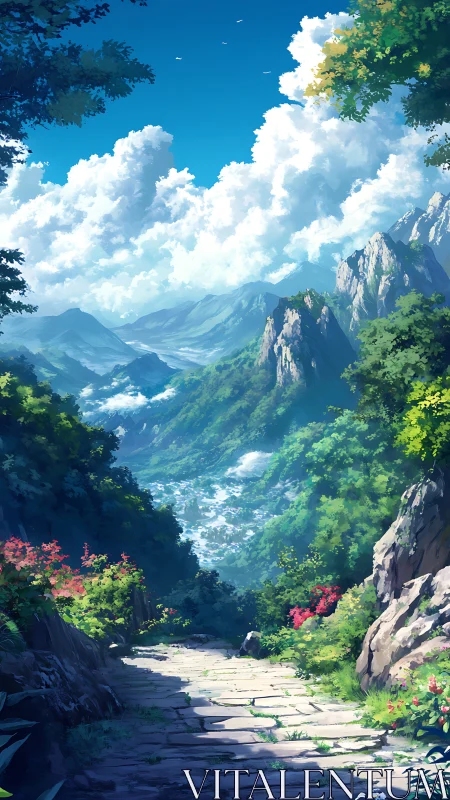 Mountain stone path descends through lush valley landscape