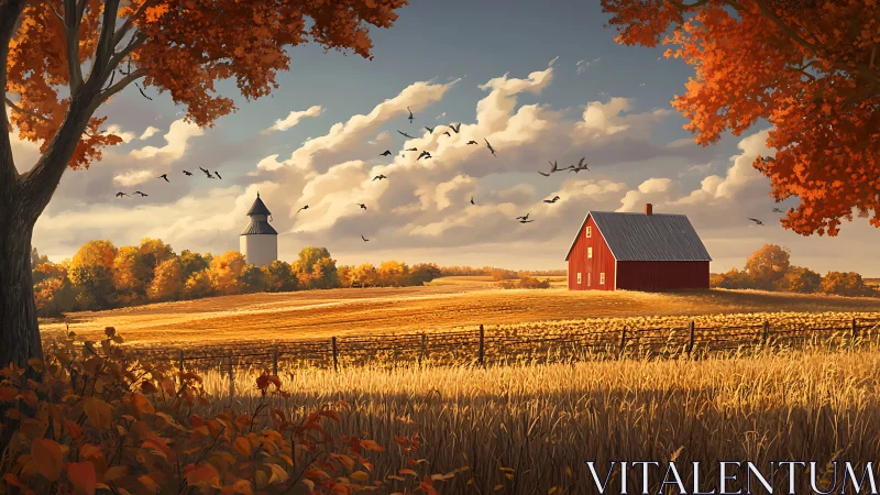Autumn agrarian panorama with red barn, silo and migratory birds.