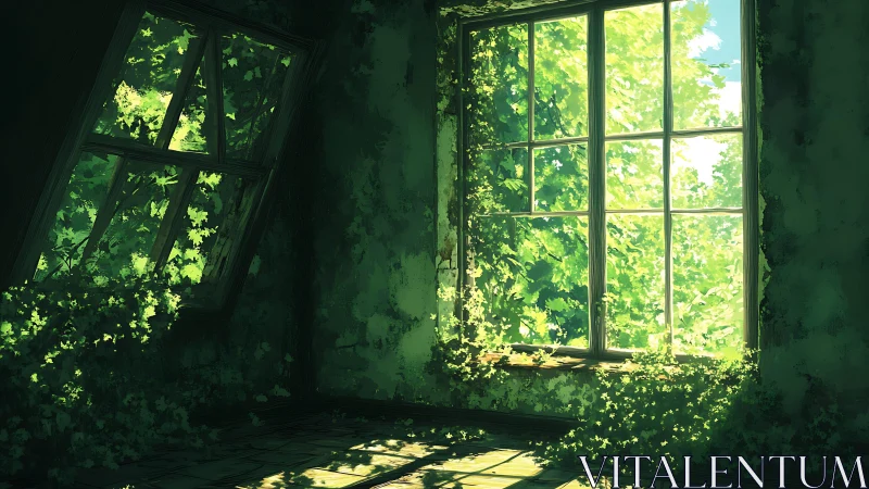 Sunlit overgrown window transforms an abandoned green room.