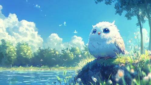 Cute fluffy owl on grassy hill in dreamy anime art style.