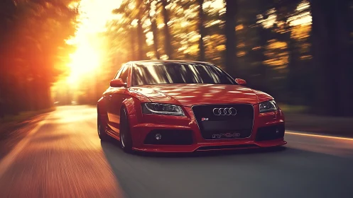 Red sports sedan races through a glowing forest highway at dusk