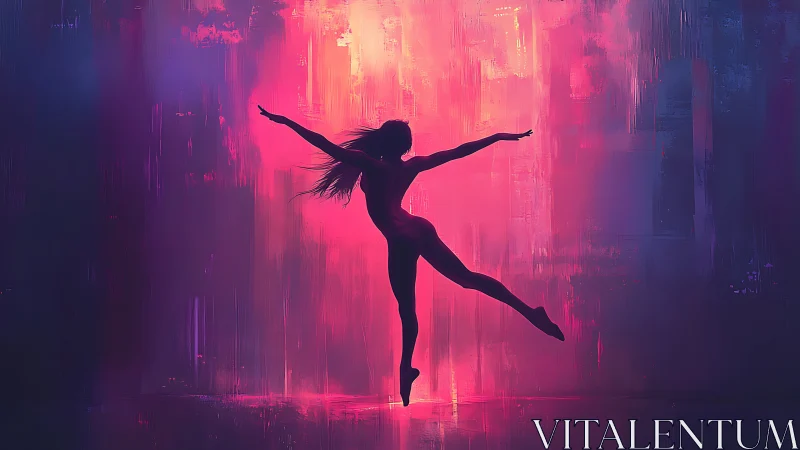 Silhouette dancer against neon pink and purple glow backdrop.