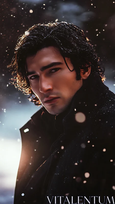 Brooding man stands in softly falling snow under backlight