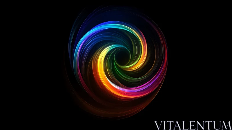 Chromatic vortex spiral on black background with radial light arcs.
