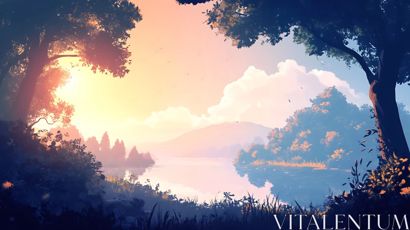 Sunlit river landscape framed by trees and distant hills.