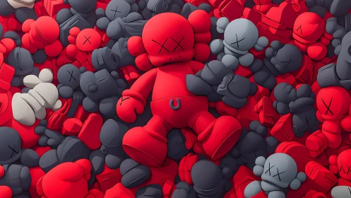 Red vinyl figure swarm with monochrome toy clustering field.